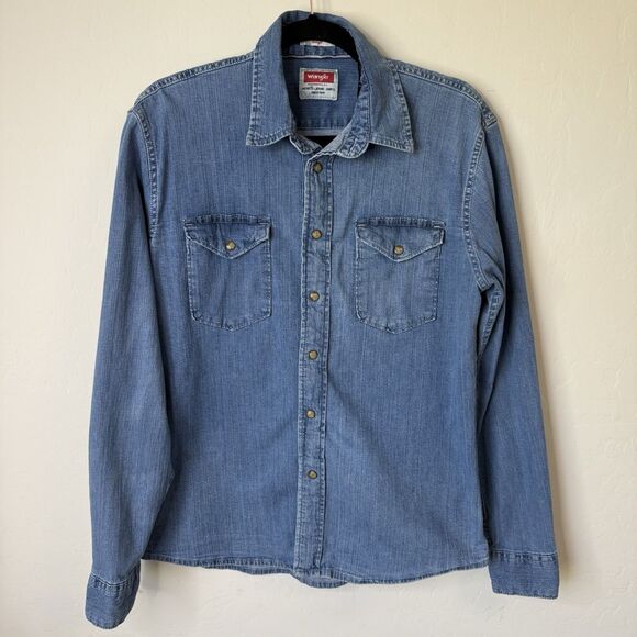Wrangler Tops - Wrangler Size Medium Indigo Chambray Brown Pearl Snap Button Down Western  Rodeo